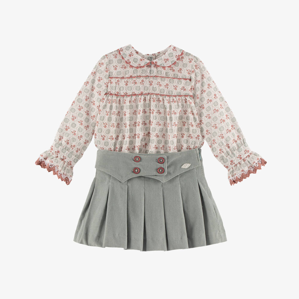 Miranda-Girls Ivory Floral Blouse & Green Needlecord Skirt Set | Childrensalon Outlet