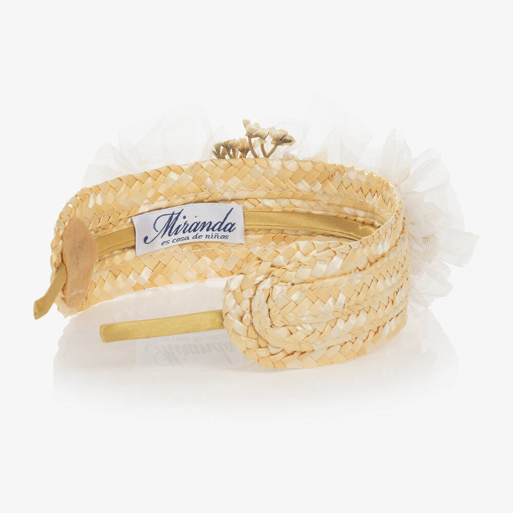 Miranda-Girls Ivory Flower & Beige Straw Hairband | Childrensalon Outlet