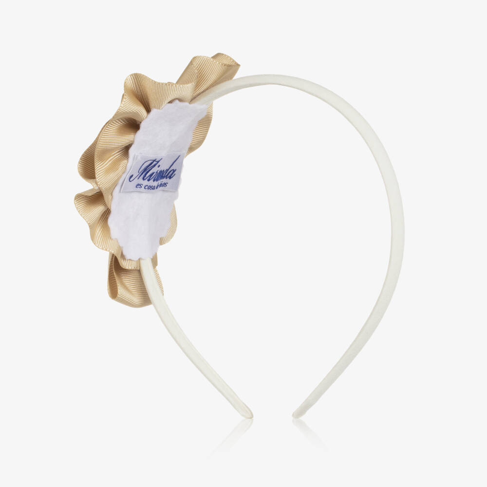 Miranda-Girls Ivory & Gold Grosgrain Bow Hairband | Childrensalon Outlet