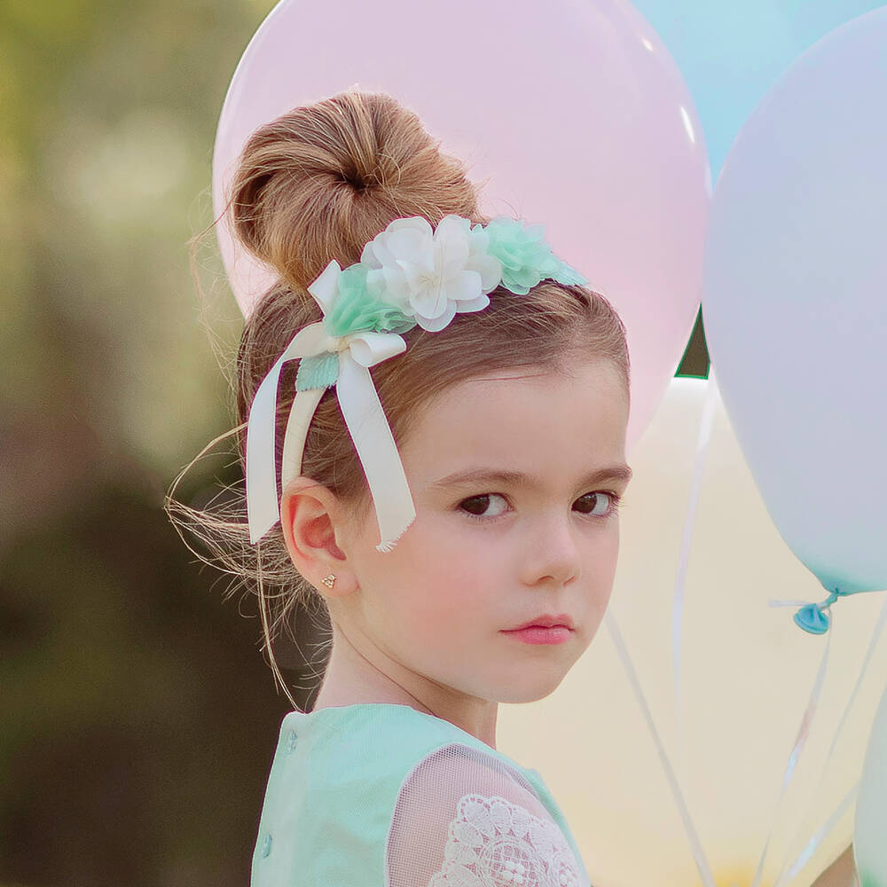 Miranda-Girls Ivory & Green Flower Hairband | Childrensalon Outlet