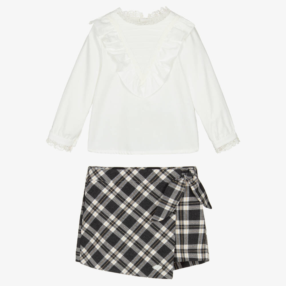 Miranda-طقم تنورة شورت بناتي بلون العاج والرمادي بنقشة المربعات | Childrensalon Outlet
