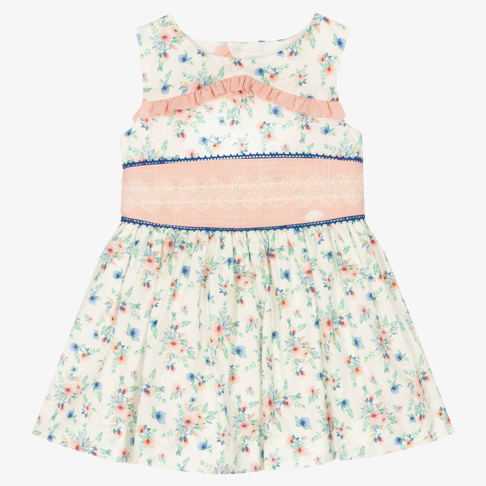 Miranda - Girls Ivory & Pink Cotton Floral Dress | Childrensalon