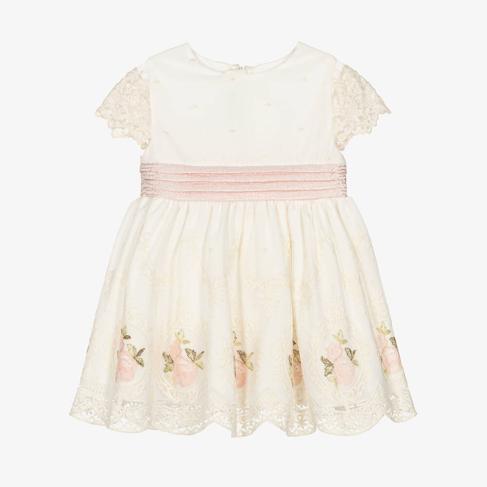 Miranda-Girls Ivory & Pink Embroidered Tulle Dress | Childrensalon Outlet