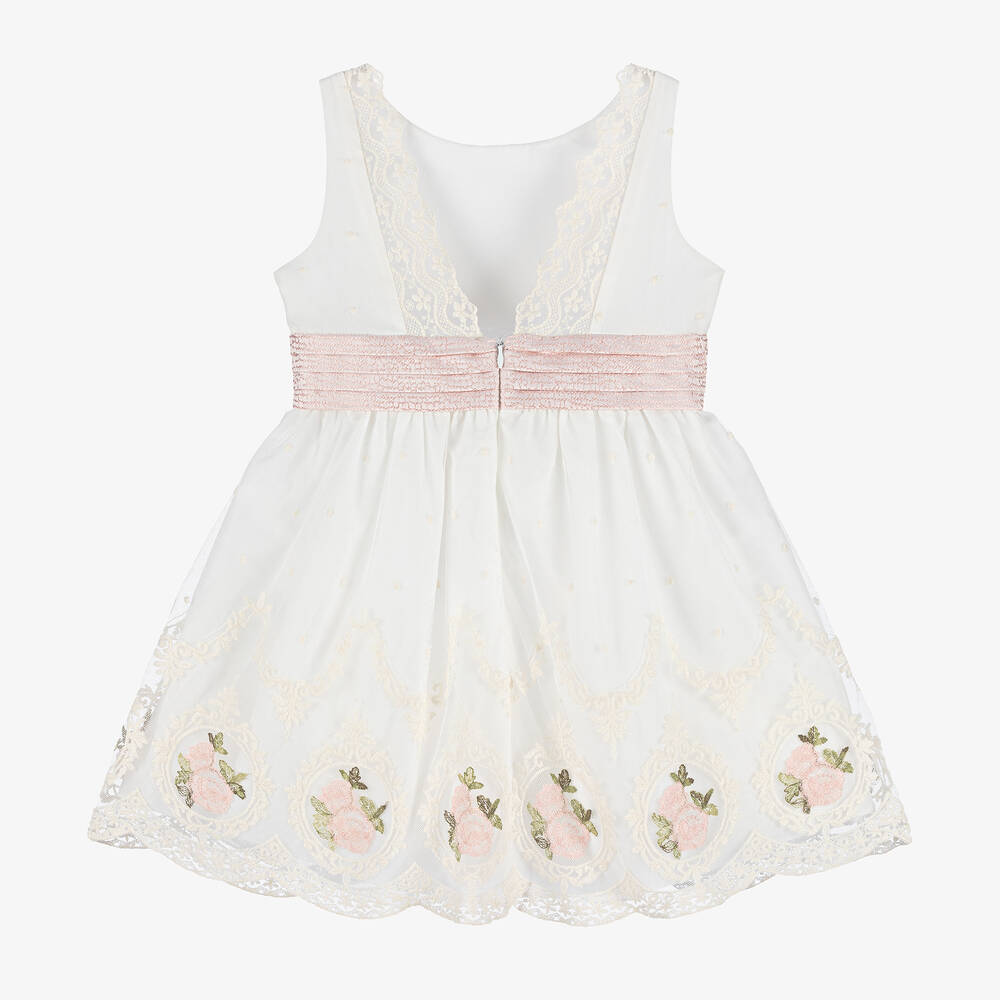 ميراندا-فستان تول مطرز لون عاجي وزهري | Childrensalon Outlet
