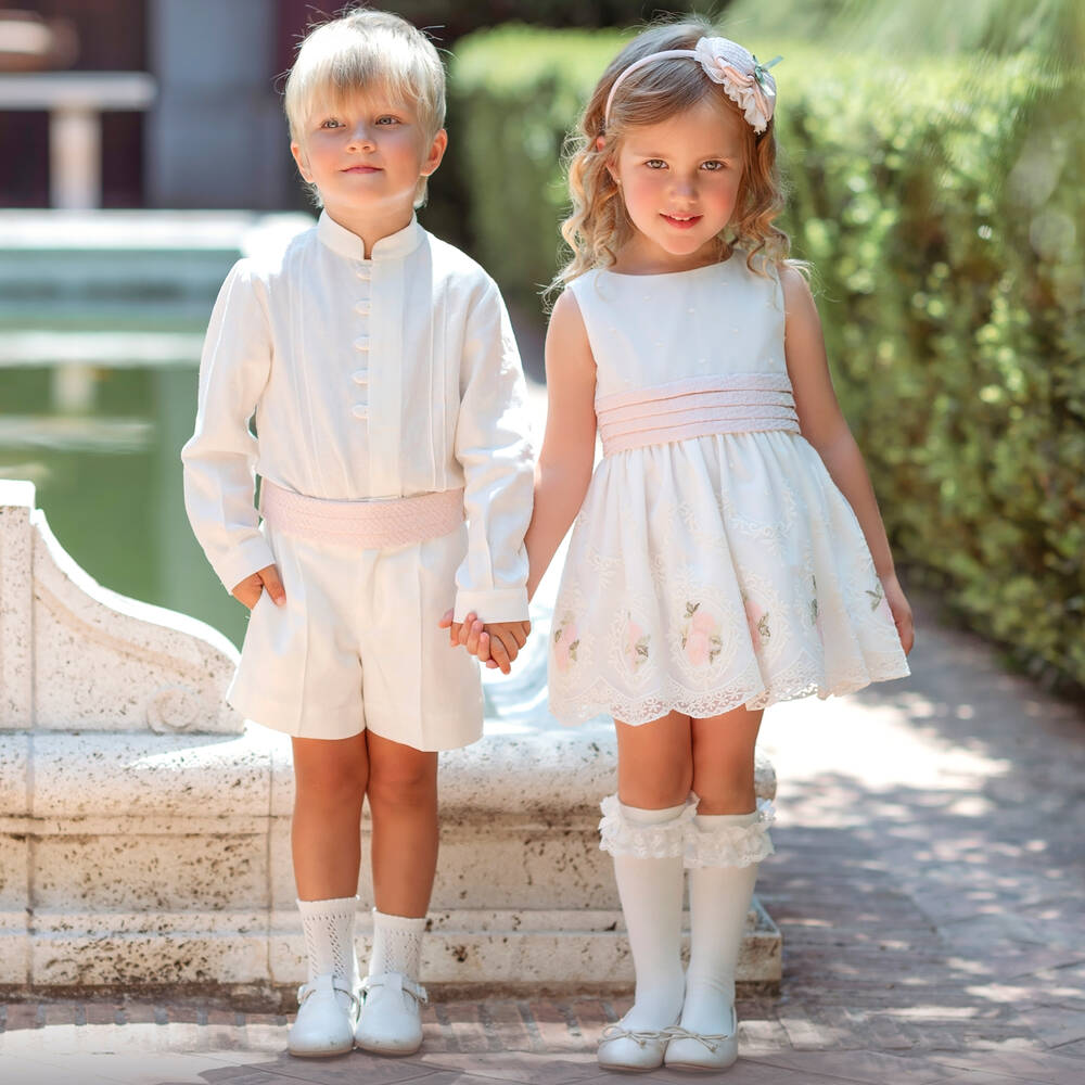 ميراندا-فستان تول مطرز لون عاجي وزهري | Childrensalon Outlet