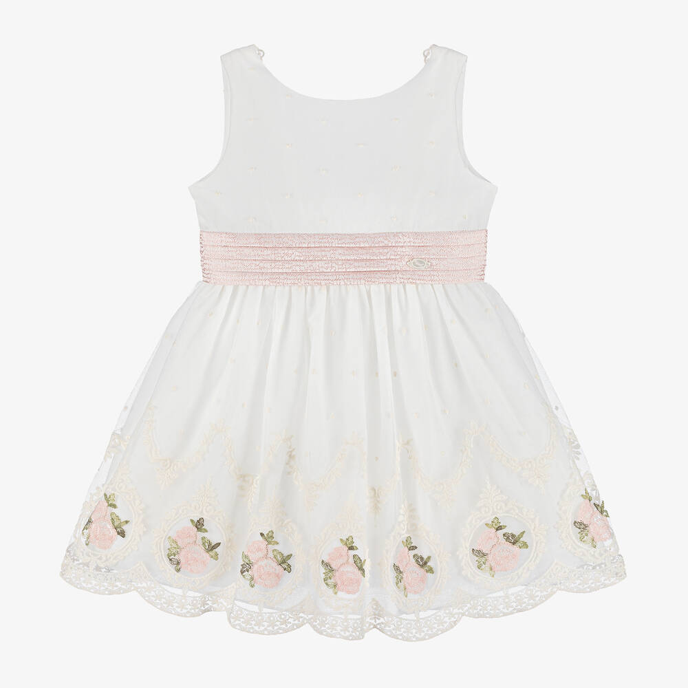 Miranda-Girls Ivory & Pink Embroidered Tulle Dress | Childrensalon Outlet
