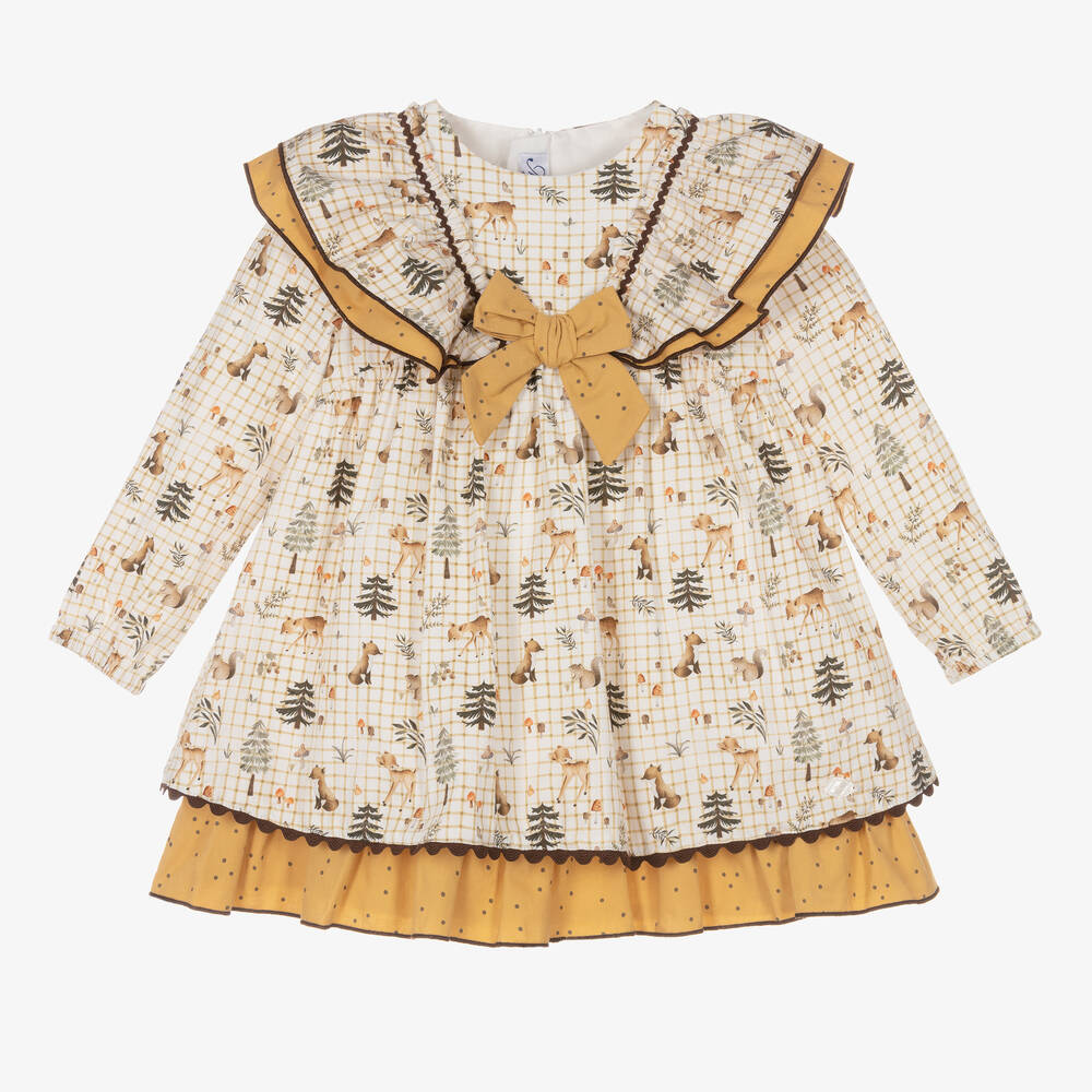 Miranda - Girls Ivory & Yellow Cotton Check Dress | Childrensalon