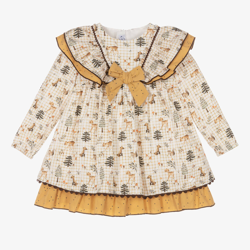Miranda-Girls Ivory & Yellow Cotton Check Dress | Childrensalon Outlet