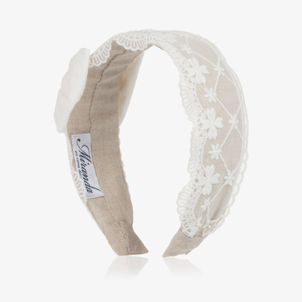Miranda-عصابة رأس بيج من الكتان والدانتيل للبنات | Childrensalon Outlet