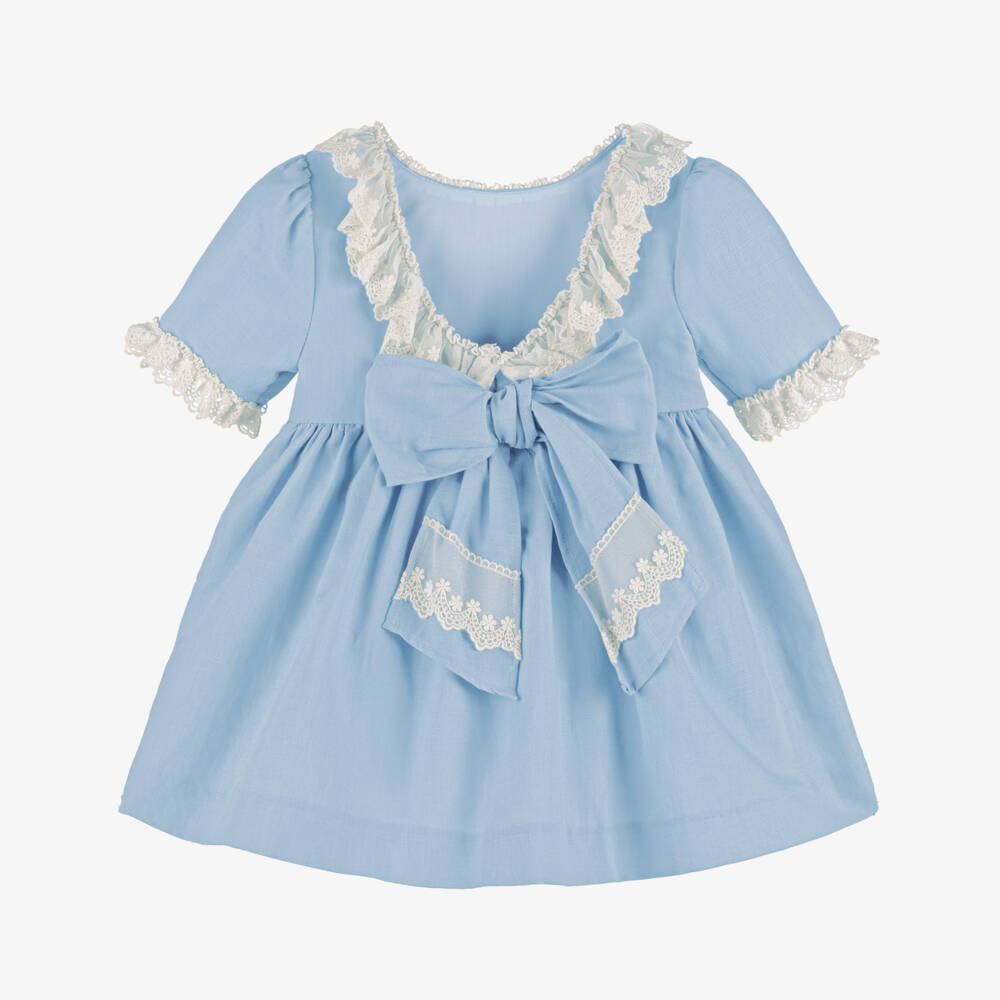 Miranda-فستان أزرق من الكتان والدانتيل للبنات | Childrensalon Outlet