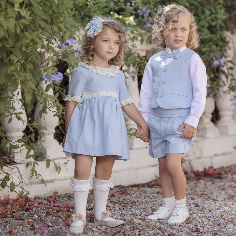 Miranda-فستان أزرق من الكتان والدانتيل للبنات | Childrensalon Outlet