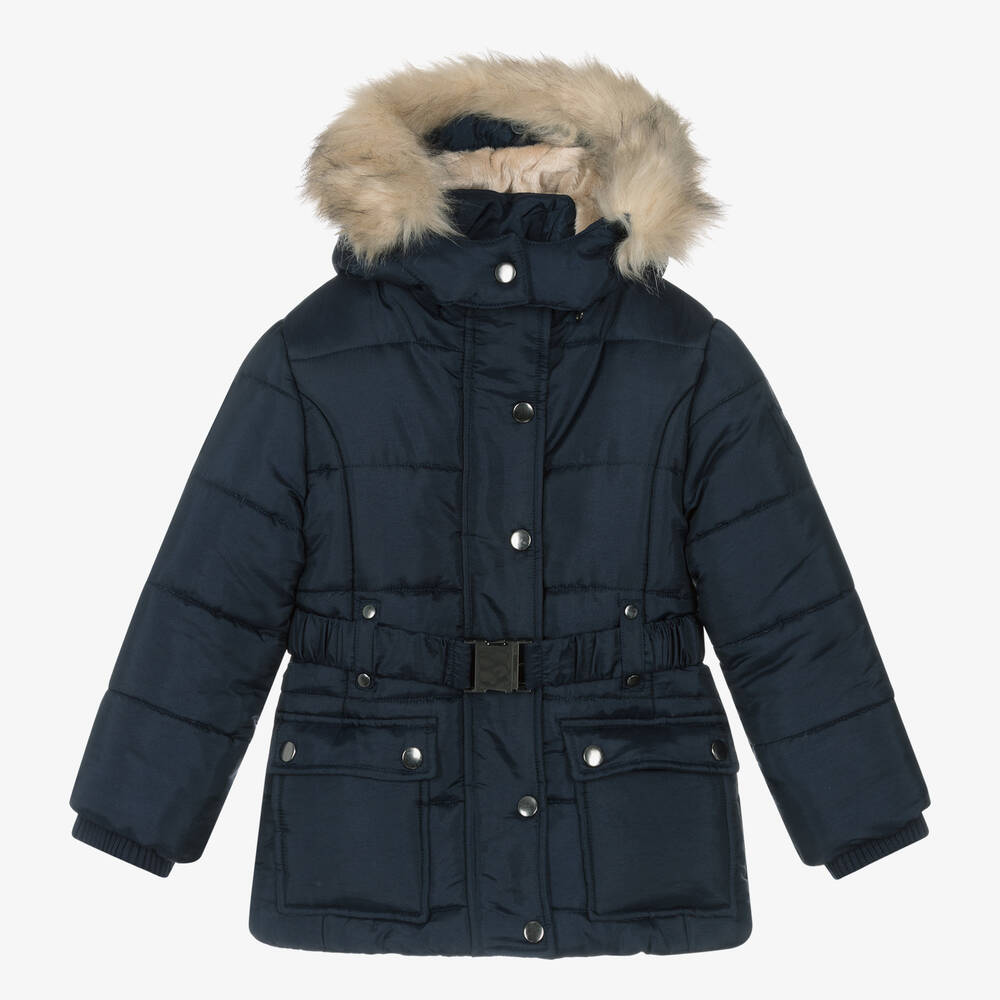 Miranda - Girls Navy Blue Belted Coat | Childrensalon