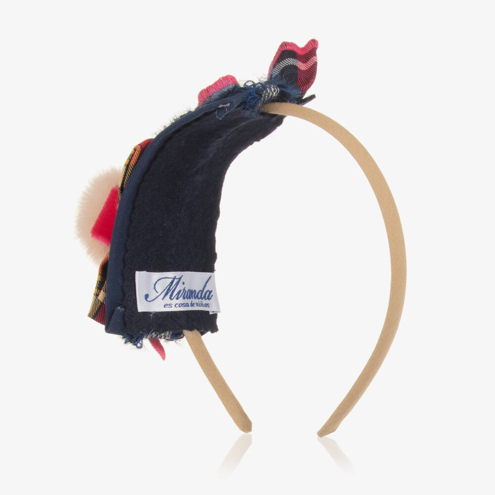 Miranda-Girls Navy Check Pom Headband | Childrensalon Outlet
