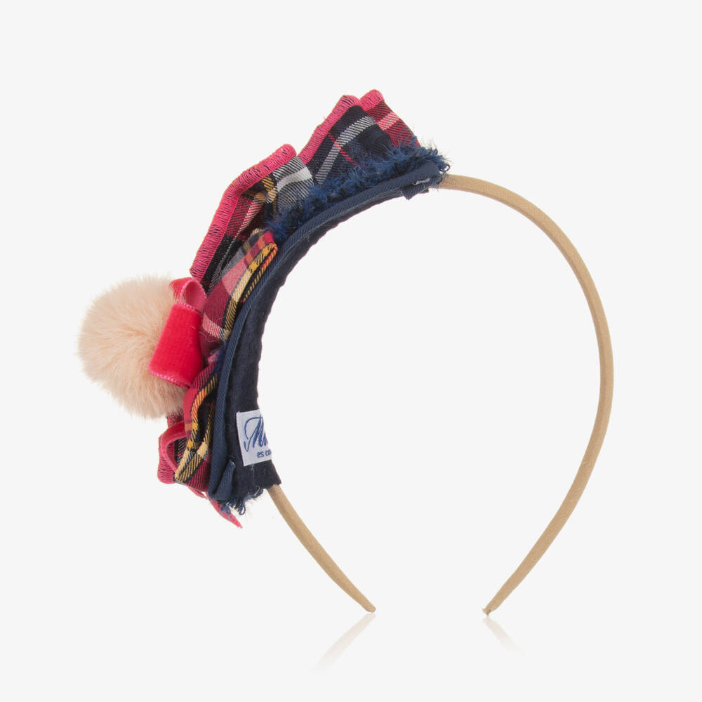 Miranda-Girls Navy Check Pom Headband | Childrensalon Outlet