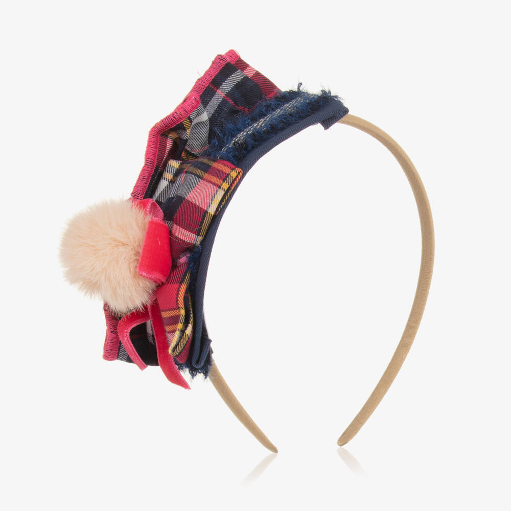 Miranda-Girls Navy Check Pom Headband | Childrensalon Outlet