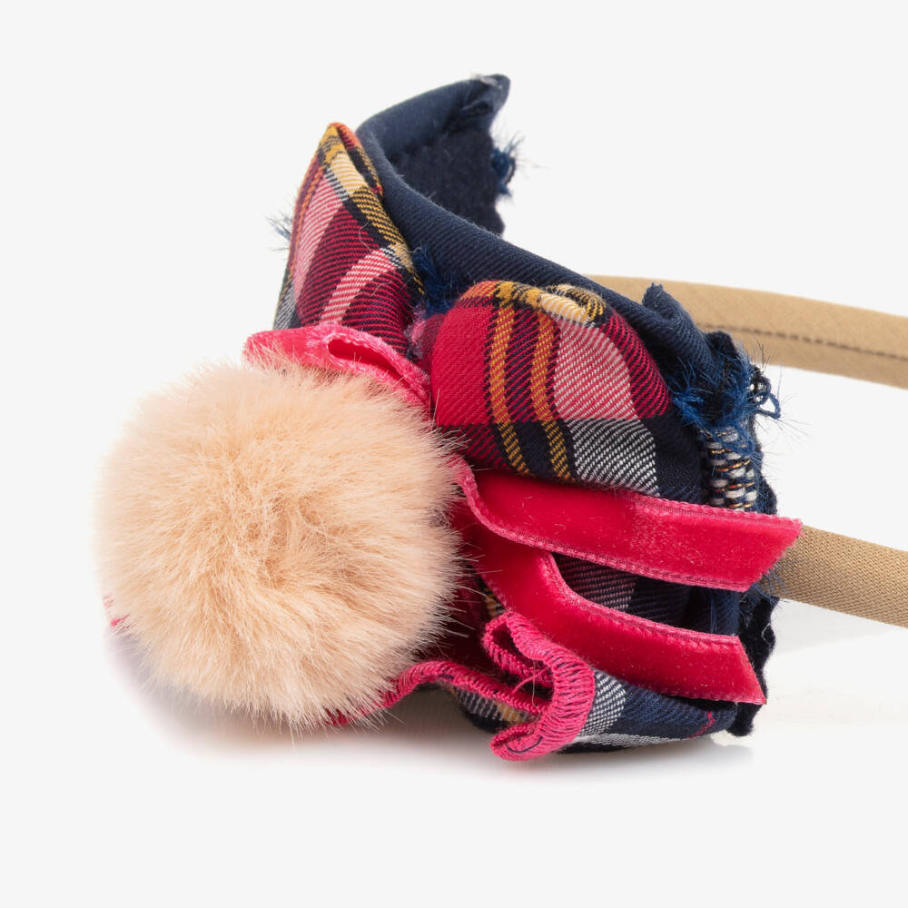 Miranda-Girls Navy Check Pom Headband | Childrensalon Outlet