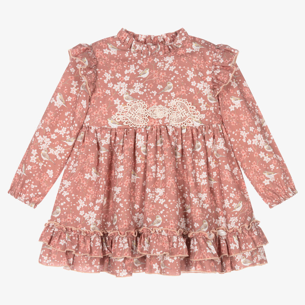 Miranda - Girls Pink Floral Bird Cotton Dress | Childrensalon