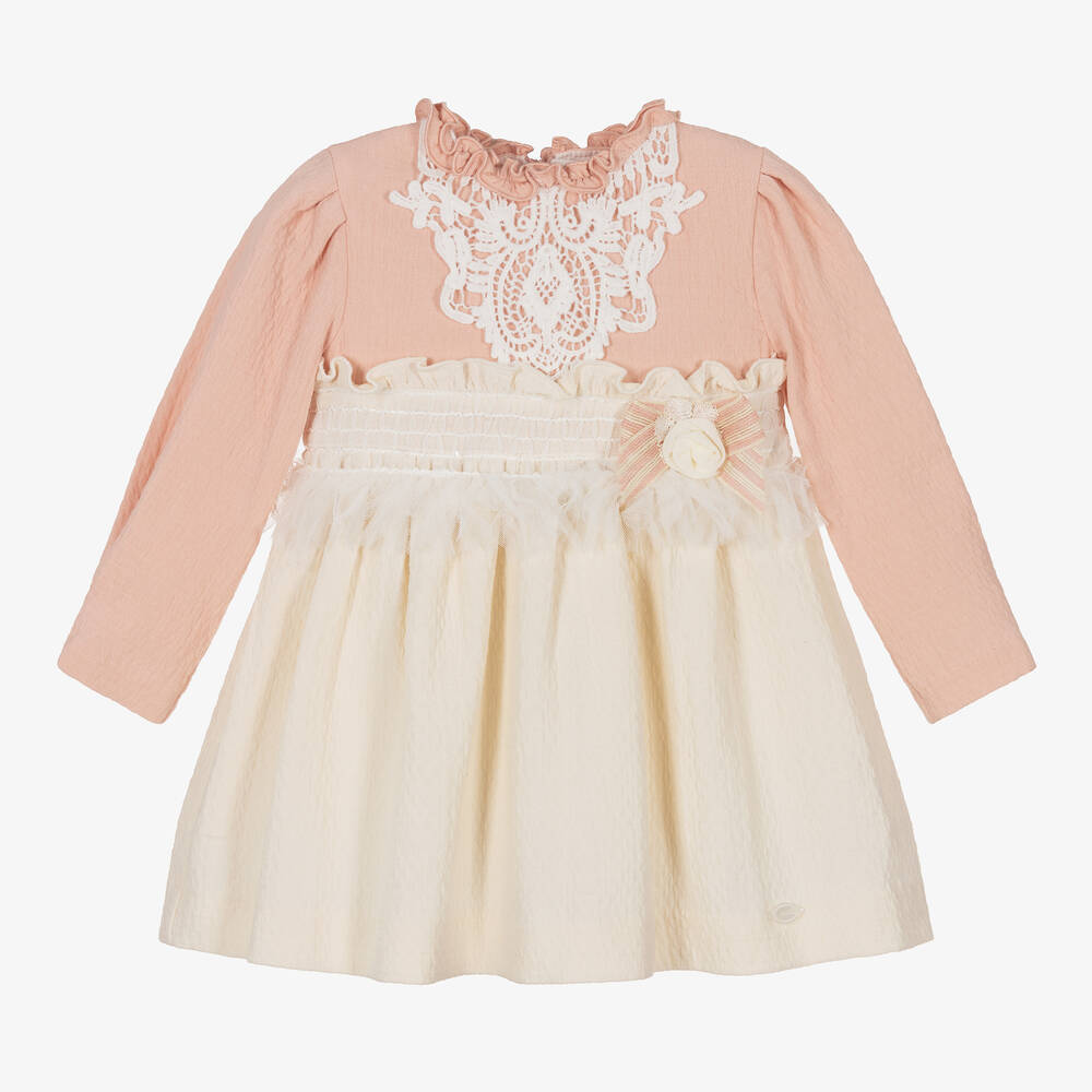 Miranda - Кремово-розовое хлопковое платье с кружевом | Childrensalon