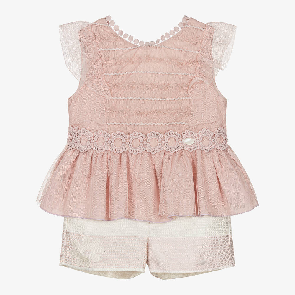 Miranda - Ensemble short rose ivoire en tulle | Childrensalon