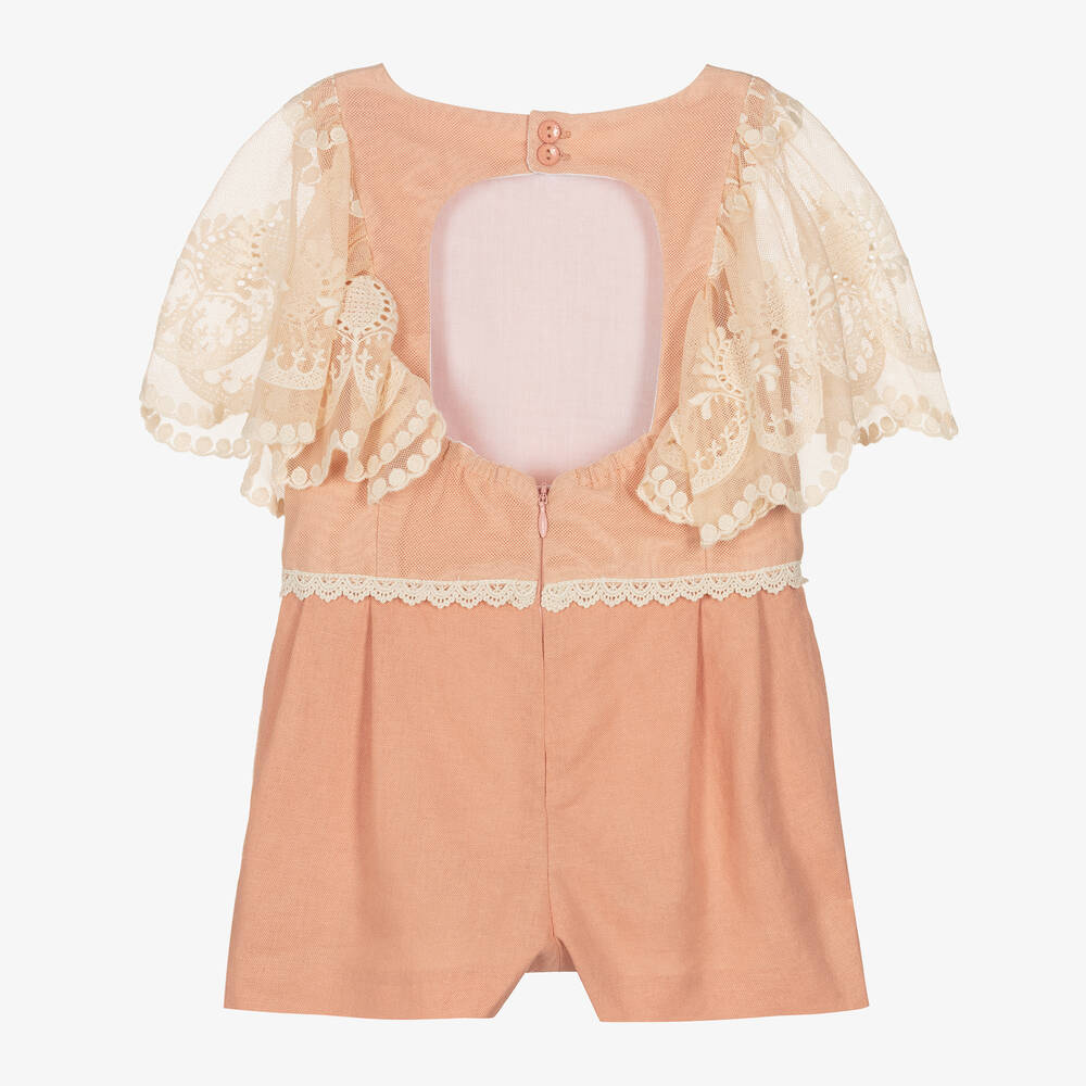 Miranda-Girls Pink Linen & Embroidered Tulle Playsuit | Childrensalon Outlet
