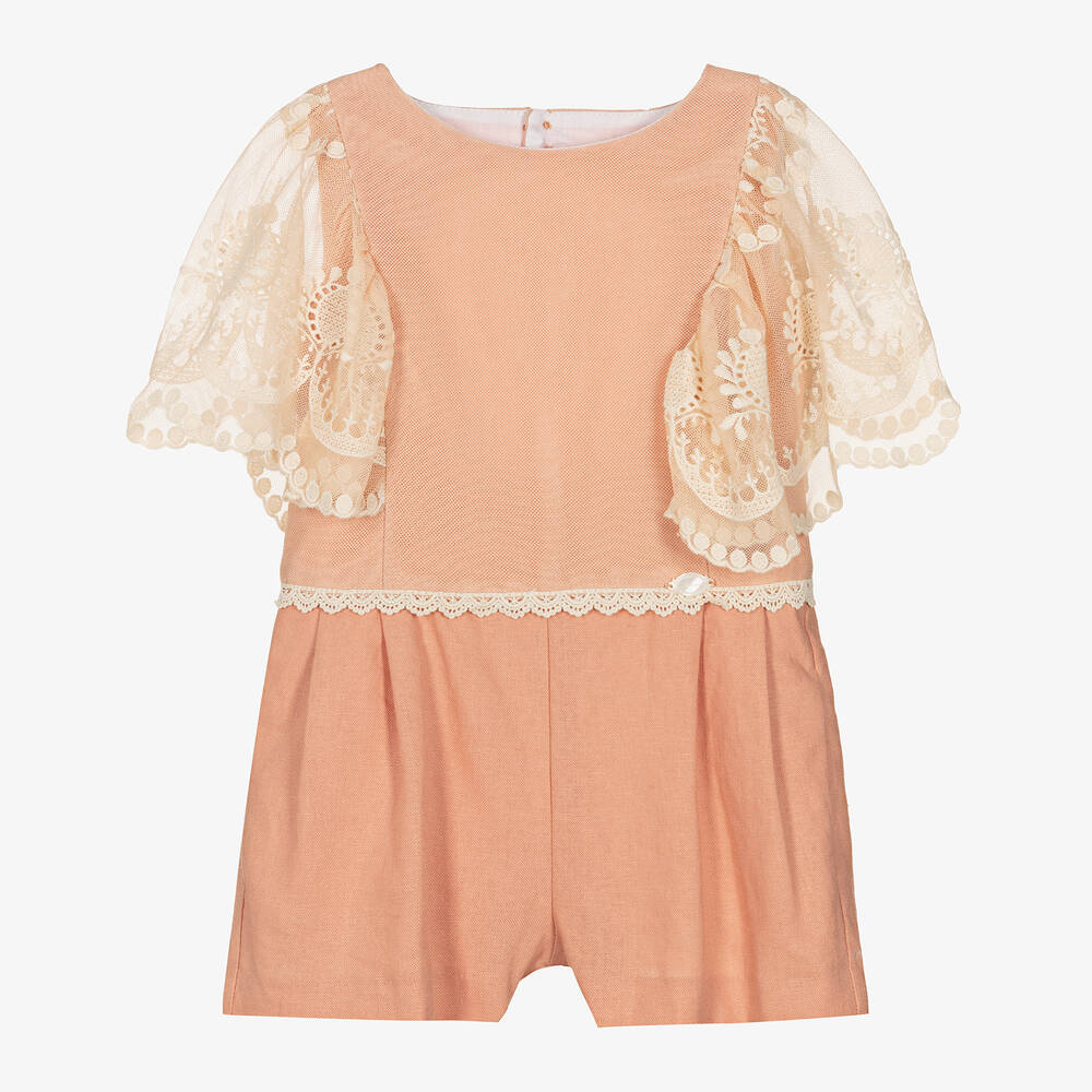 Miranda-Girls Pink Linen & Embroidered Tulle Playsuit | Childrensalon Outlet