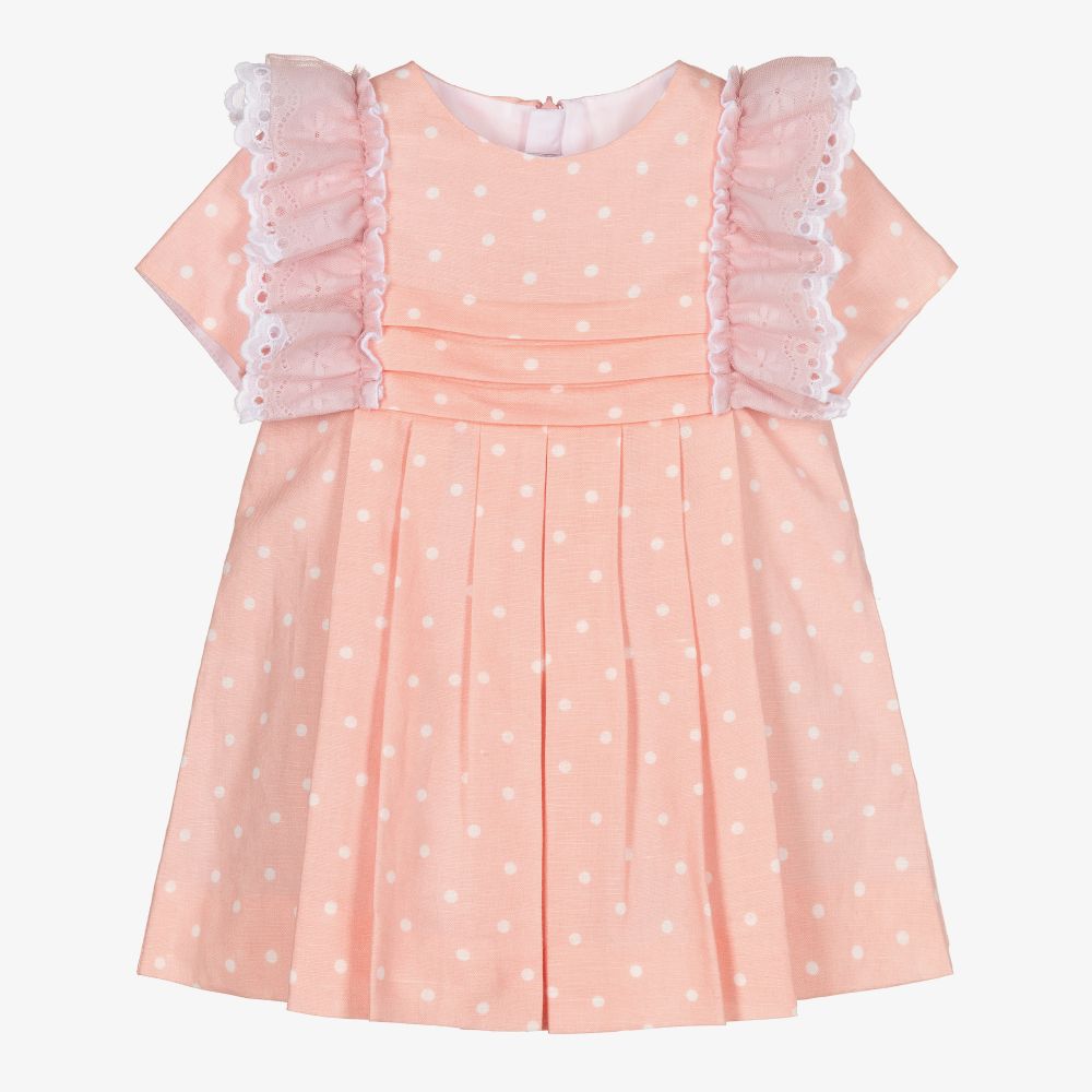 Miranda - Girls Pink & White Dots Dress  | Childrensalon