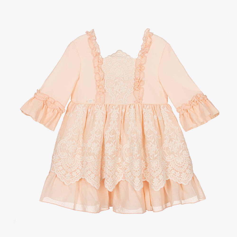 Miranda - Robe rose et blanche dentelle fille | Childrensalon