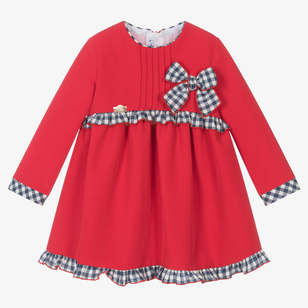 Miranda - Красное платье с бантом в синюю клетку | Childrensalon