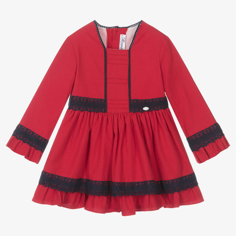 Miranda - Rotes und navyblaues Baumwoll-Spitzenkleid für Mädchen | Childrensalon