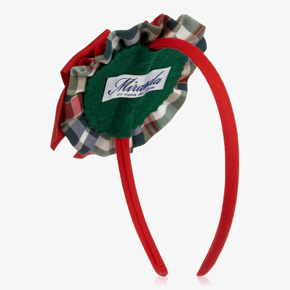 Miranda-Girls Red & Green Checked Rosette & Bow Hairband | Childrensalon Outlet