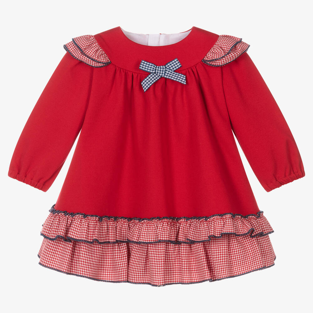 Miranda - Girls Red Milano Jersey Houndstooth Frill Dress | Childrensalon