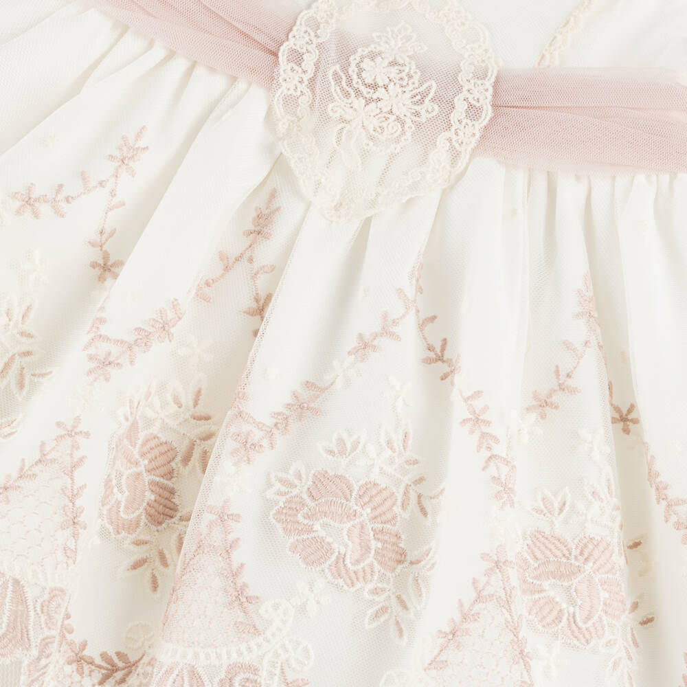 Miranda-Girls Tulle Dress with Ivory & Pink Embroidery | Childrensalon Outlet