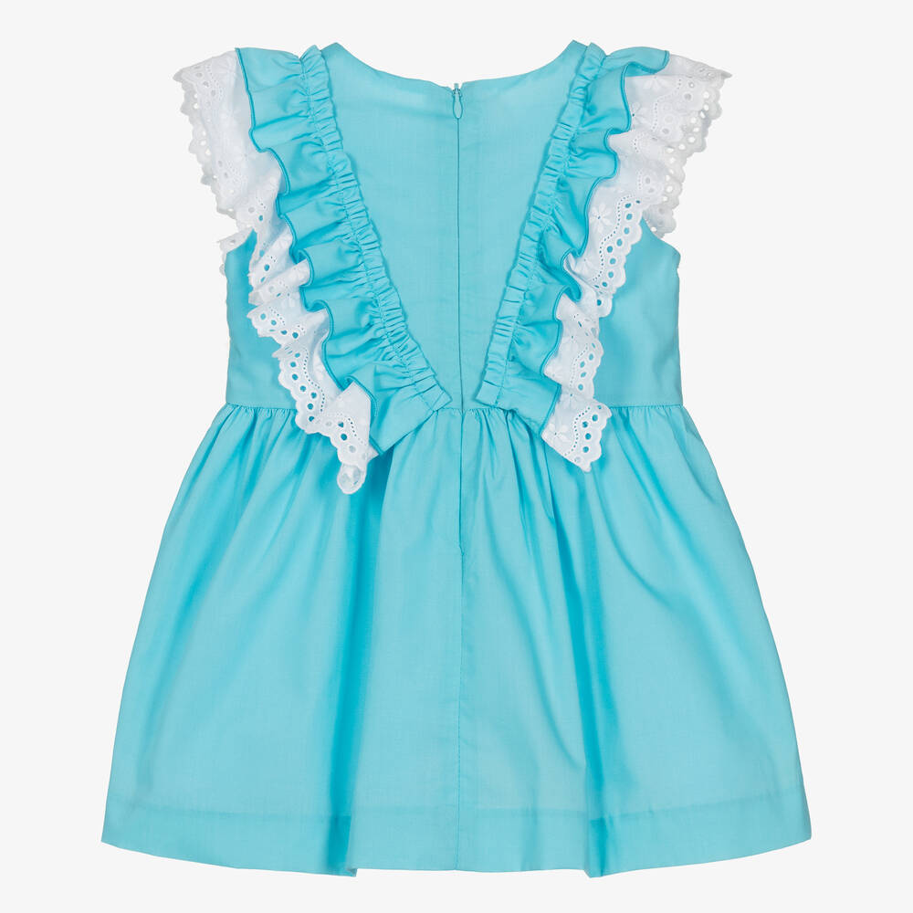 ميراندا-فستان قطن بوبلين لون أزرق تركواز مزين بكشكش | Childrensalon Outlet