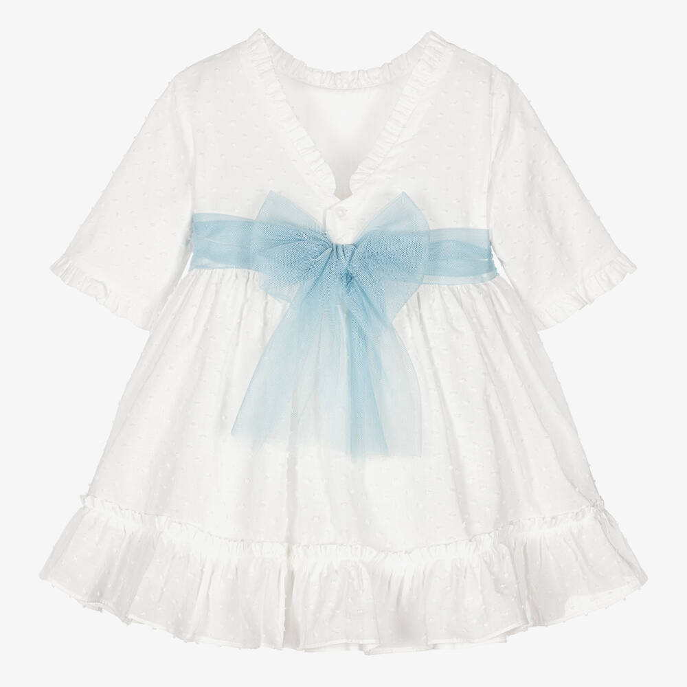 Miranda-Белое платье с голубым поясом с цветами | Childrensalon Outlet