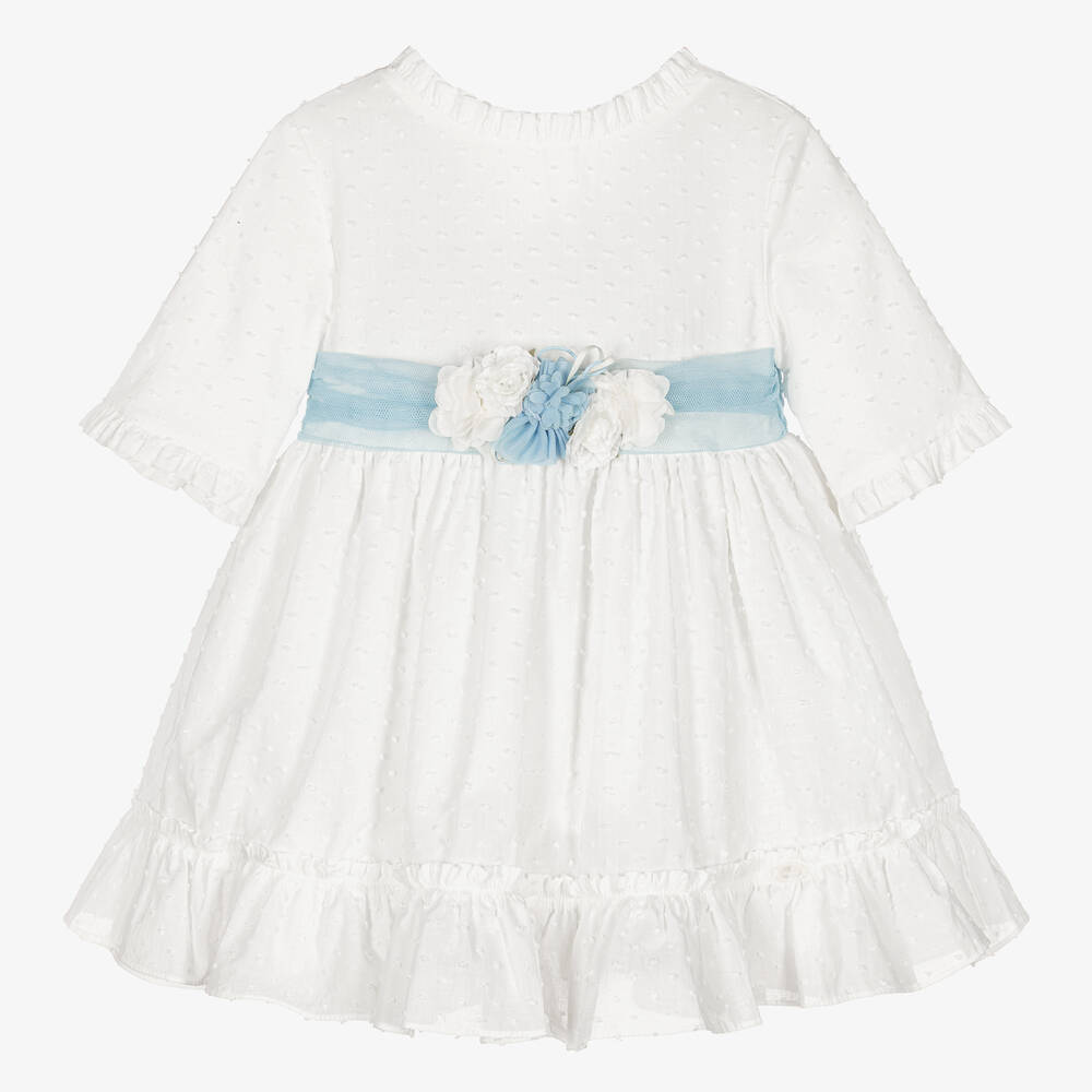 Miranda - Girls White & Blue Floral Belt Dress | Childrensalon