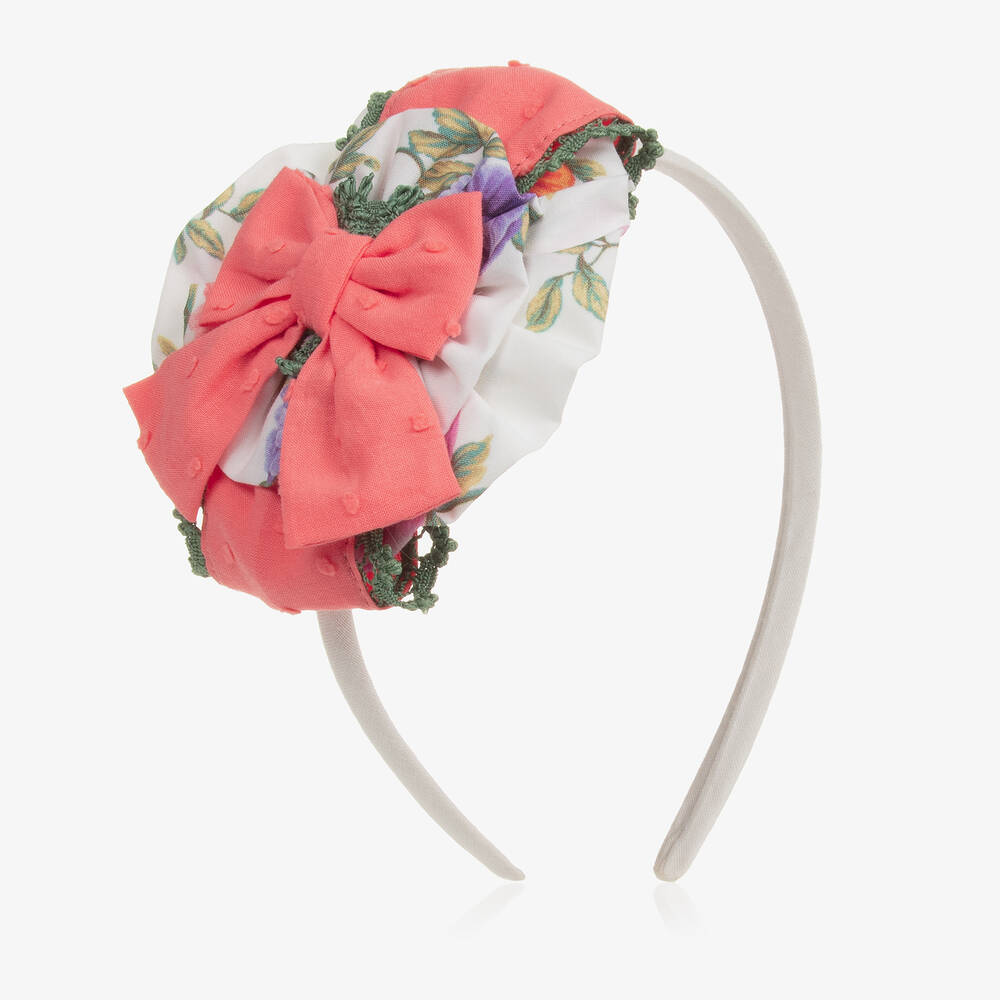 Miranda-Girls White & Coral Pink Rosette Hairband | Childrensalon Outlet