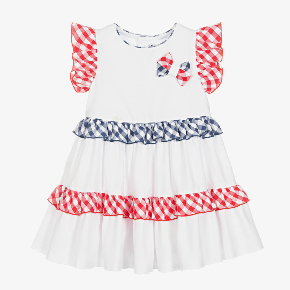 Miranda - Girls White Cotton Gingham Dress | Childrensalon