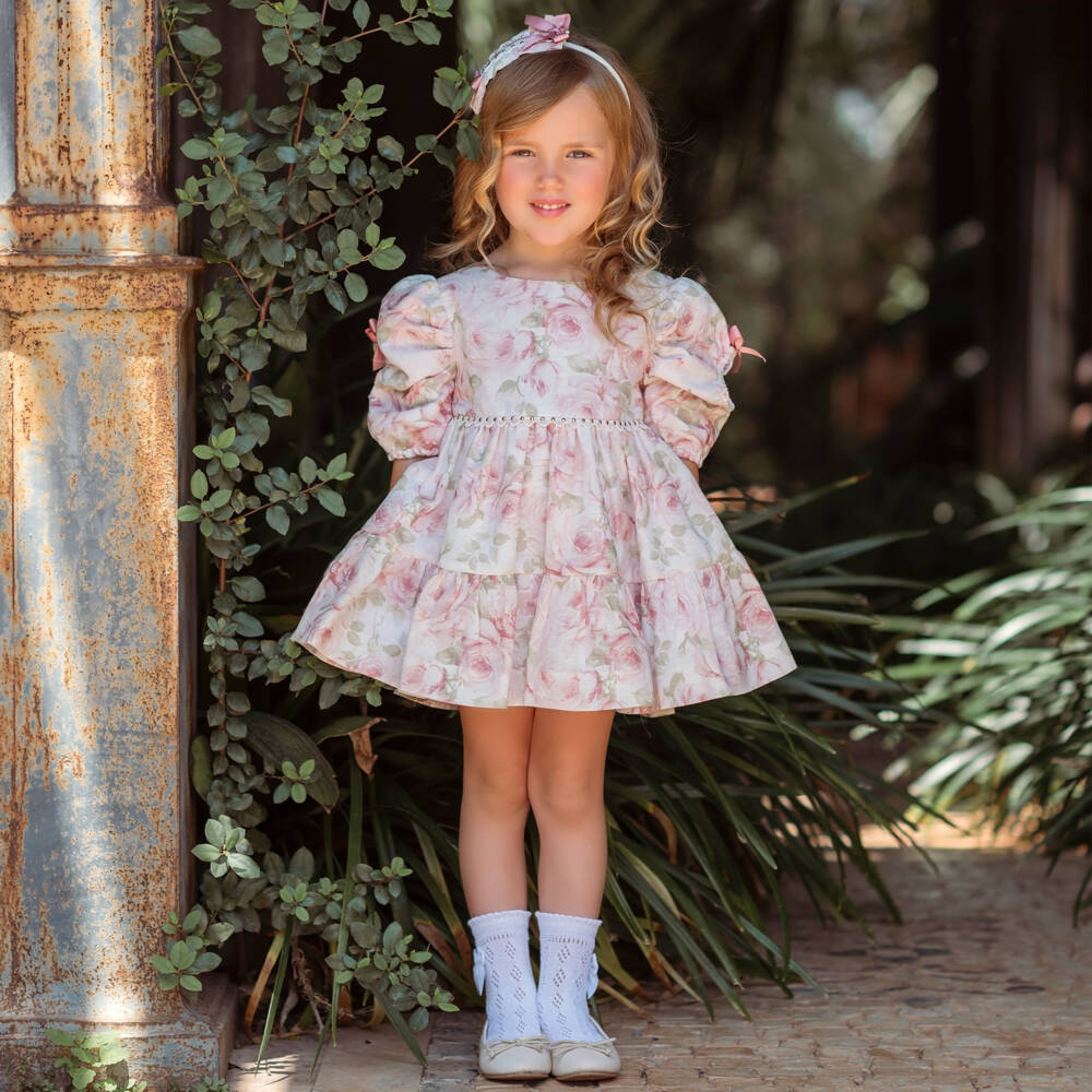 Miranda-Girls White & Pink Floral Linen Dress | Childrensalon Outlet