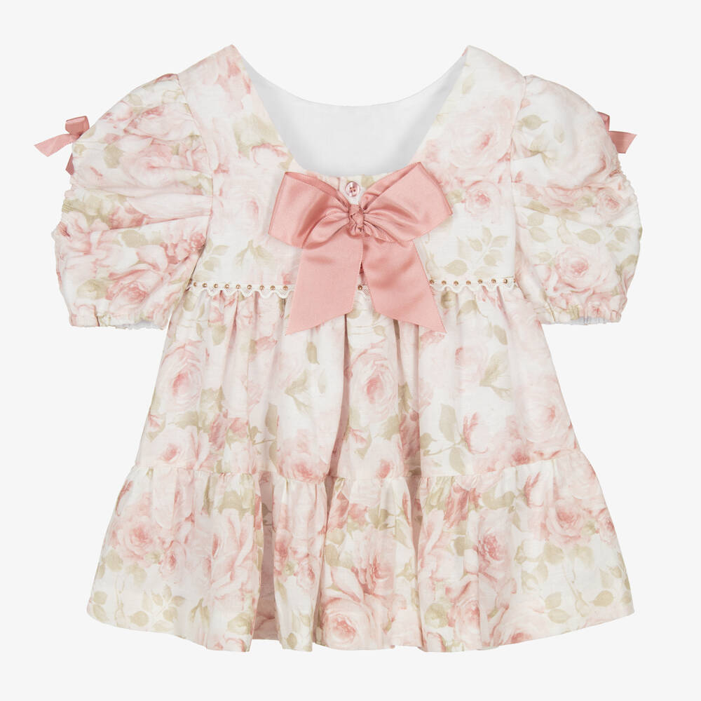 Miranda-Girls White & Pink Floral Linen Dress | Childrensalon Outlet