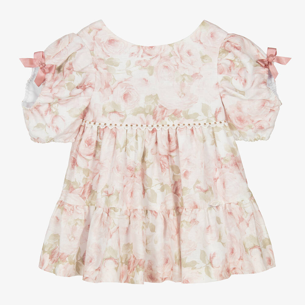 Miranda-Girls White & Pink Floral Linen Dress | Childrensalon Outlet
