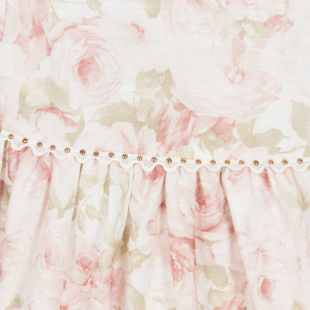 Miranda-Girls White & Pink Floral Linen Dress | Childrensalon Outlet