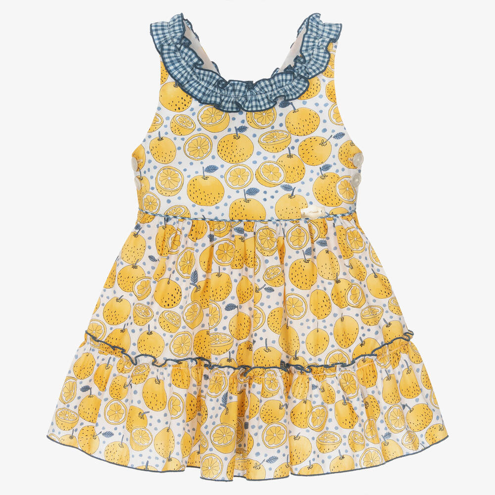 Miranda - Girls Yellow Lemon Print Dress | Childrensalon