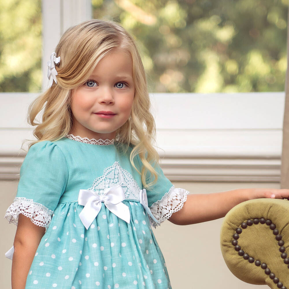 Miranda-فستان قطن ودانتيل لون أخضر وأبيض للمولودات | Childrensalon Outlet