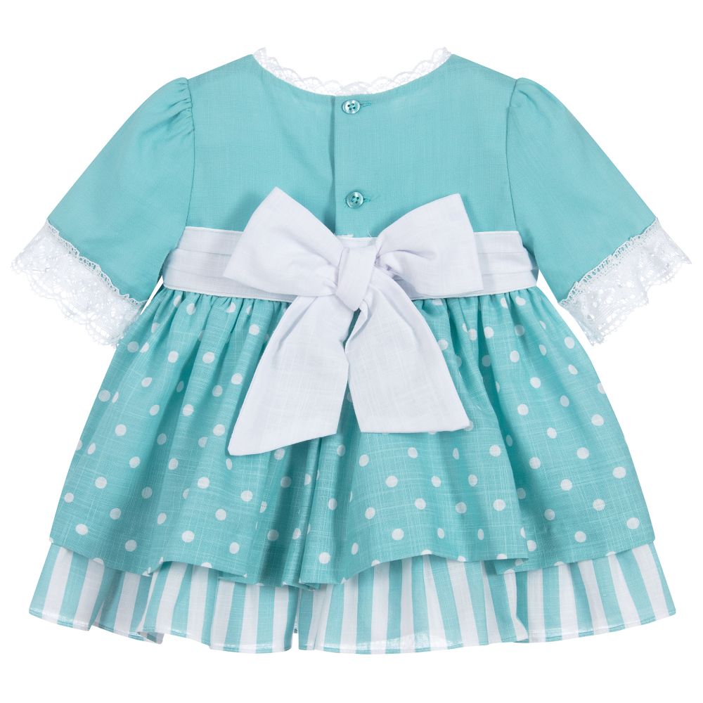 Miranda-فستان قطن ودانتيل لون أخضر وأبيض للمولودات | Childrensalon Outlet