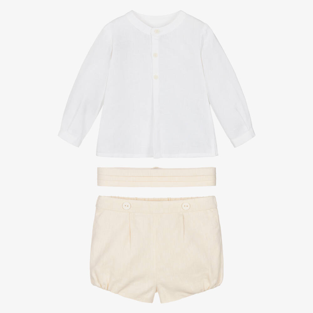 Miranda-Ivory And Beige Linen Short Shirt Set | Childrensalon Outlet