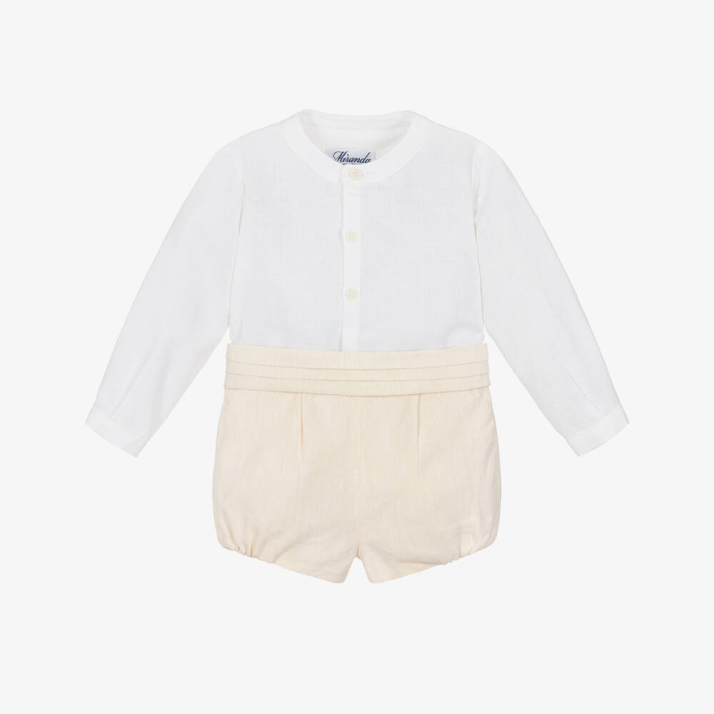 Miranda-Ivory And Beige Linen Short Shirt Set | Childrensalon Outlet