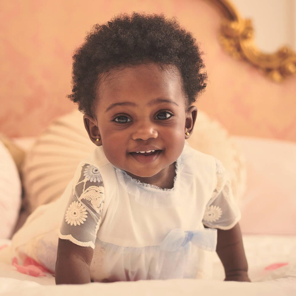 Miranda-فستان تول ودانتيل لون عاجي وأزرق | Childrensalon Outlet