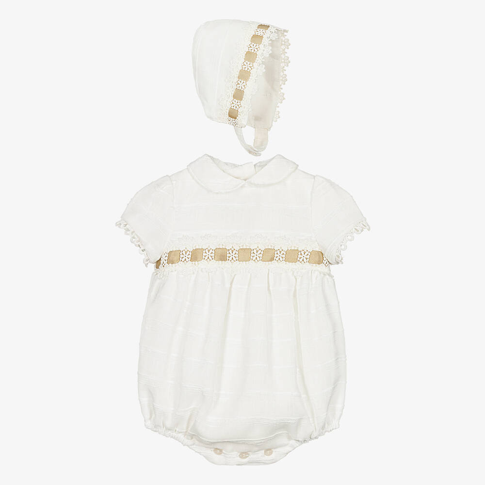 Miranda - Ivory Linen Shortie & Bonnet Set | Childrensalon