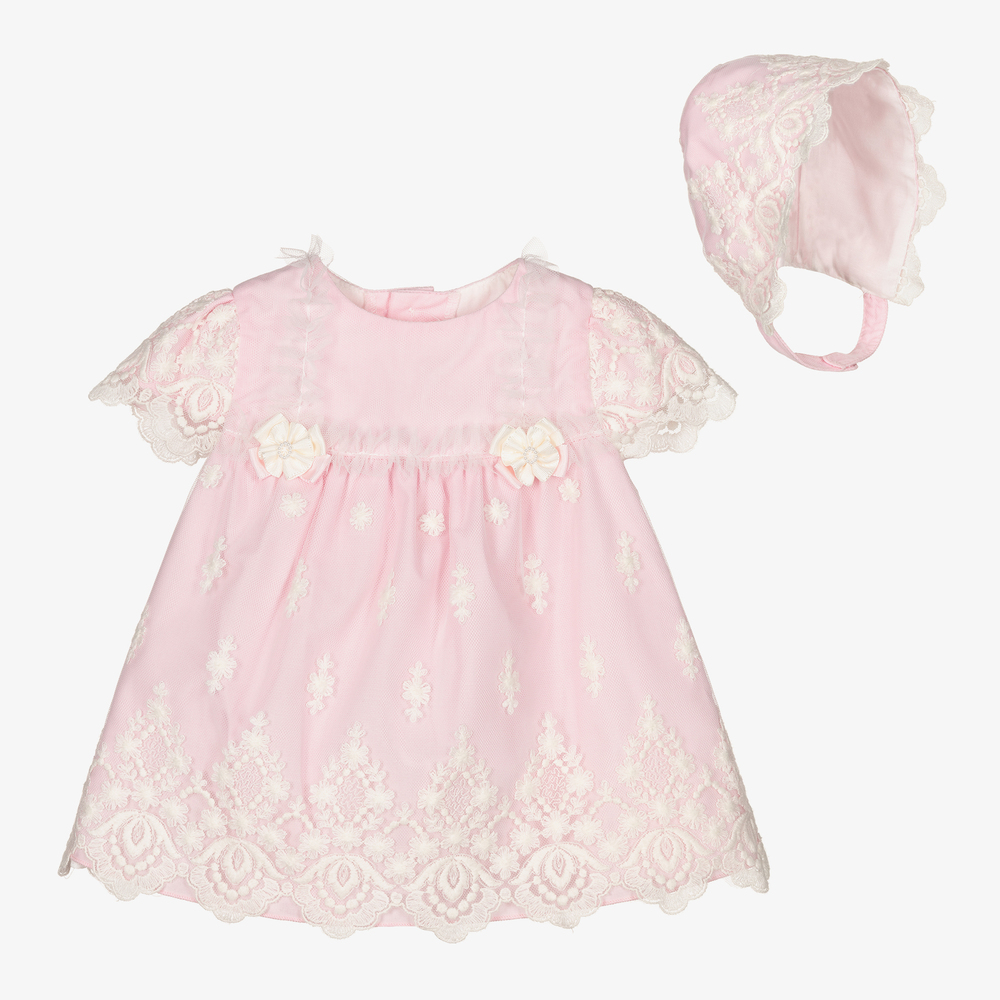 Miranda - Rosa Babykleid-Set mit Spitze | Childrensalon