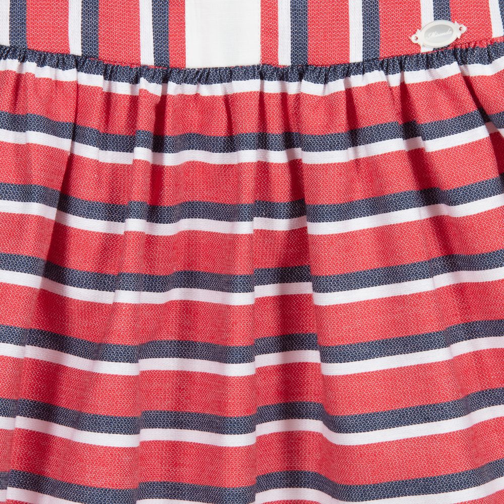 ميراندا-فستان قطن وكتان لون أحمر وأبيض وأزرق مخطط | Childrensalon Outlet